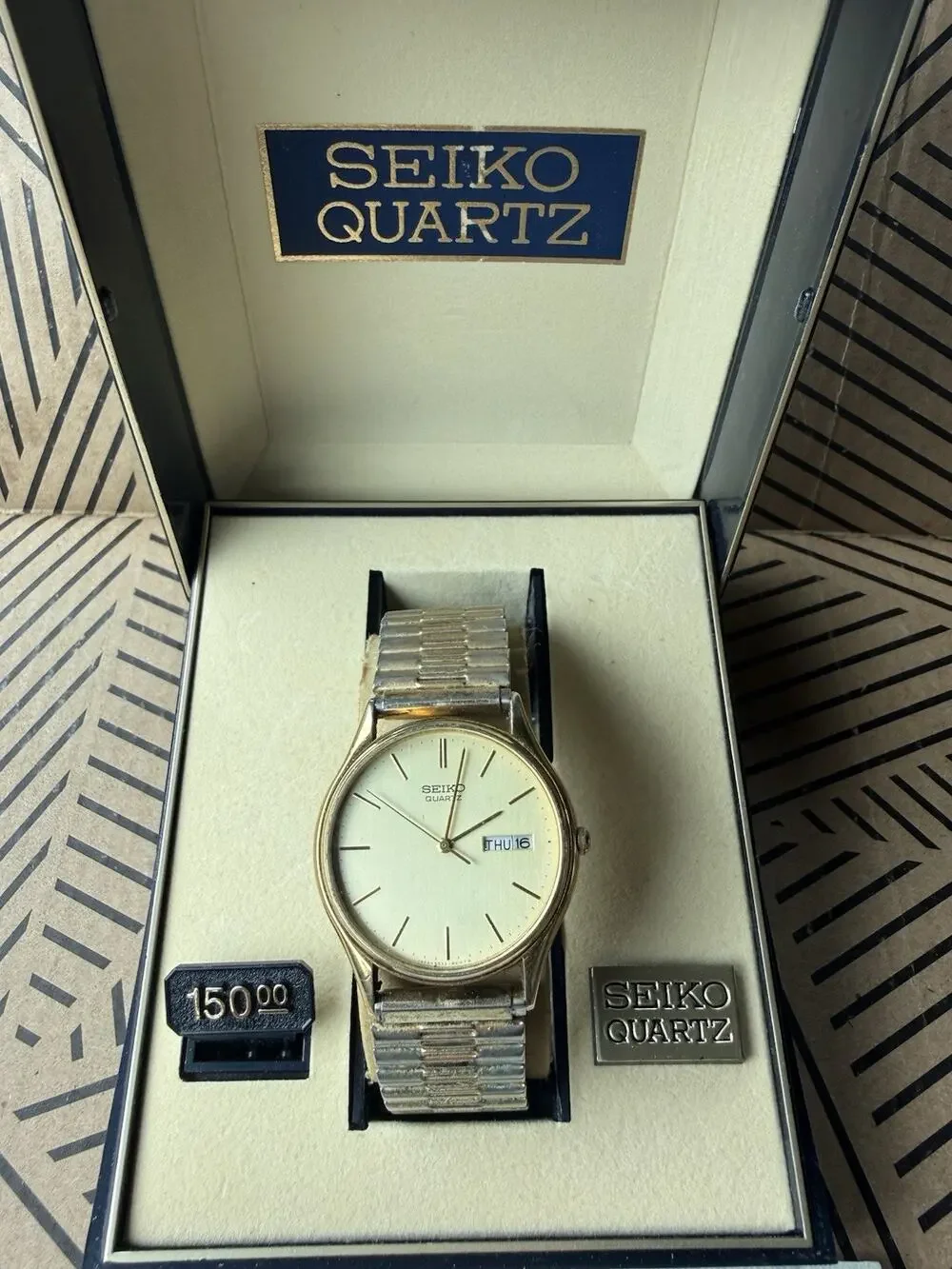 Vintage Seiko 6533-8019 Quartz Day Date Gold Tone Men’s Watch Box Runs Speidel